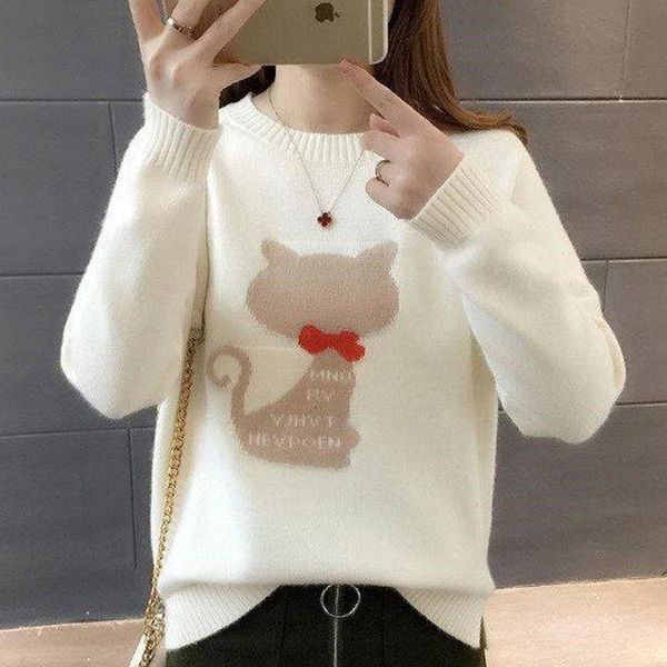 

women's sweaters autumn winter style women knitted pullover lady casual o-neck long sleeve cat printed sweater zz0953, White;black