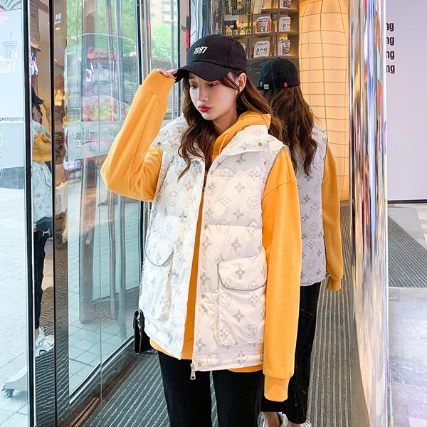 

vests autumn and winter 2021 women's stand collar korean short straight loose student down cotton vt sleevels coat, Black;white