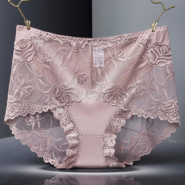 

women's panties large size underwear breathable lace edge solid color briefs high waist women and, Black;pink