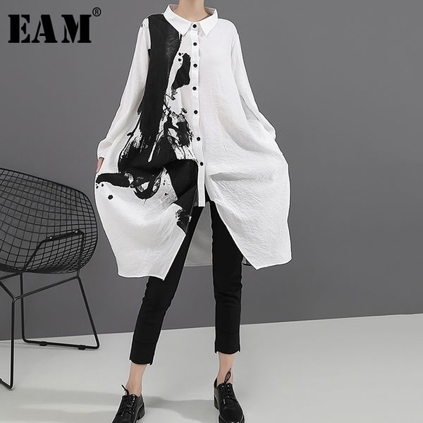 

[eam] women black white print big size oversize dress new lapel long sleeve loose fit fashion tide spring autumn 1a923 210325, Black;gray