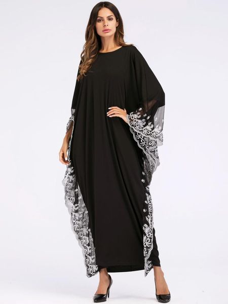

casual dresses muslim kaftan abaya floral print lace dress women vintage dubai arabe djellaba turkish elegant bat sleeve robe party, Black;gray