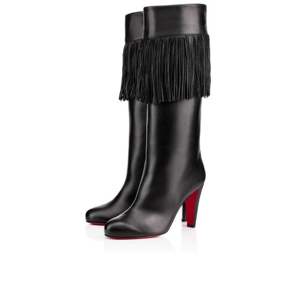 

boots red bottom high heels patent leather women party wedding triple spikes pointed toes pumps dress shoes with box 35, Black