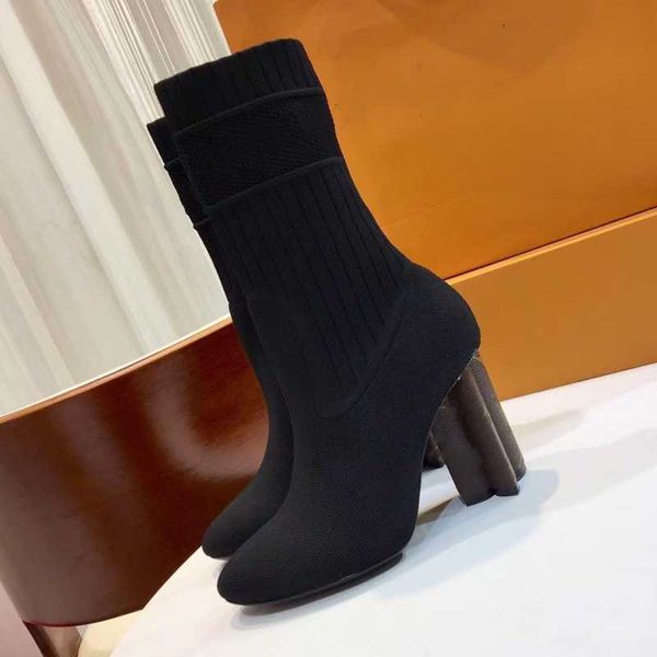 

boots classic brand women's elastic letter boots, knitted fabric, mixed socks and grade winter button decorative hi, Black