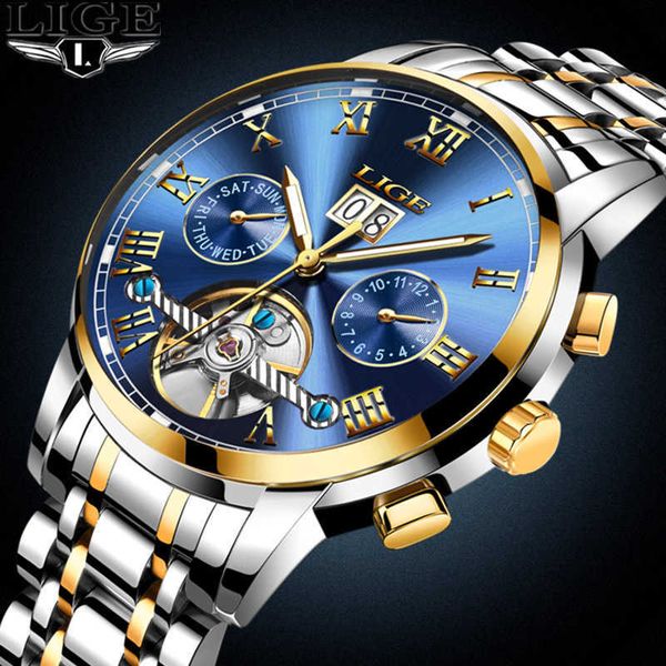 

lige watch men business waterproof clock mens watches brand luxury fashion casual sport mechanical wristwatch relogio masculino 210527, Slivery;brown