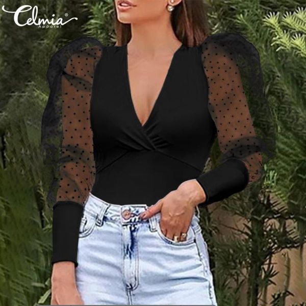 

celmia women blouses 2021 summer see-through mesh sheer dot shirts puff long sleeve v neck casual blusas plus size 5xl, White