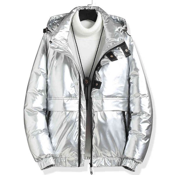 

brand men clothing parka hooded casual jacket shiny trendy simple comfortable male loose coat streetwear, Black