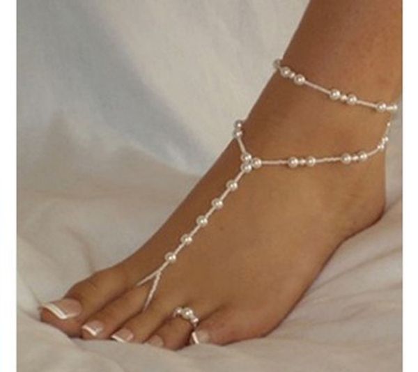 Sommer footless bridal foot schmuck frauen faux pearls anklets strand hochzeit perle barfuß sandalen strecken anklet kette