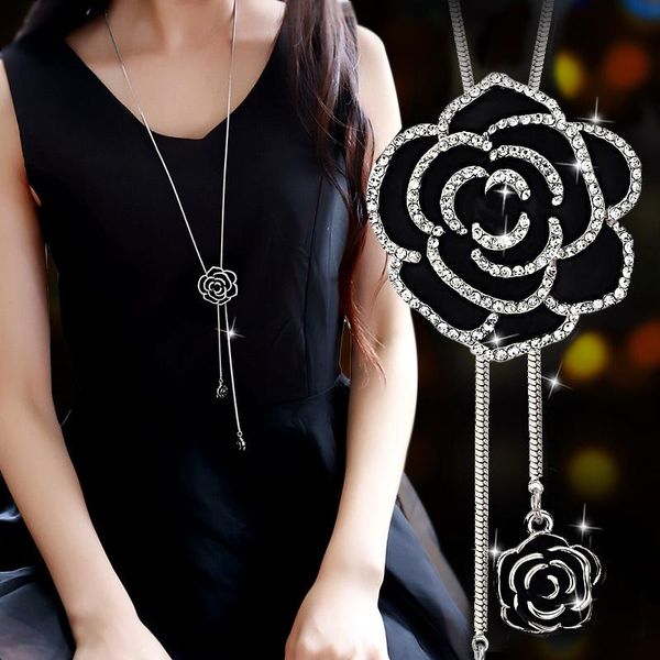 

pendant necklaces black rose long & pendants for women 2021 fashion crystal tassel choker necklace female collier femme party jewelry, Silver