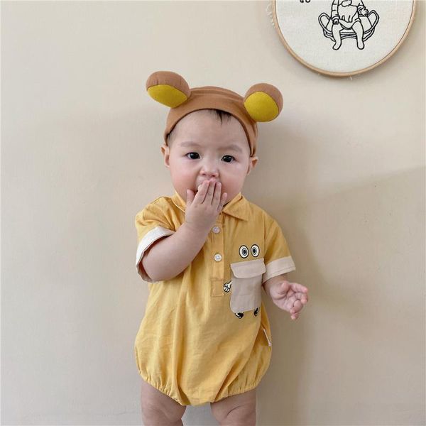 

rompers summer boys and girls baby pocket stitching short-sleeved one-piece bodysuit triangle kids clothes, Blue