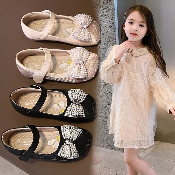 

comfortable girls' leather shoes 2021 spring and autumn student diamond princess flat, Black;grey