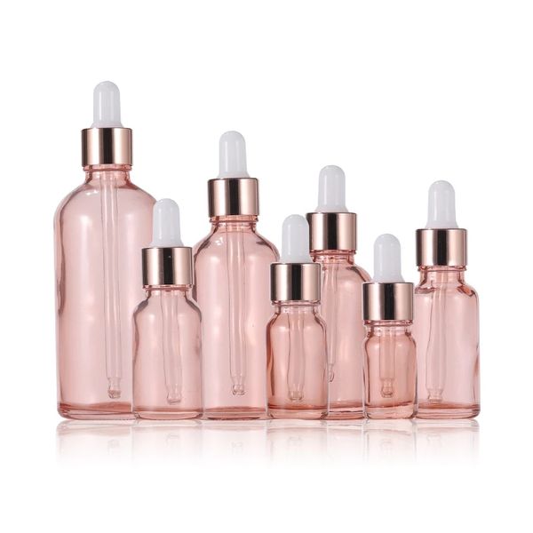 Rosa Glas-Tropfflasche, 5–100 ml, Aromatherapie-Flüssigkeit, ätherisches Grundparfüm, Tuben, Massageöl, Pipette, nachfüllbare Flaschen