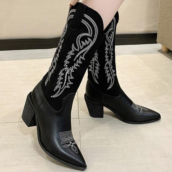 

boots 2021 autumn women shoes comfortable warm high heels ladies pointed toe slip on fashion pu mid calf winter for, Black