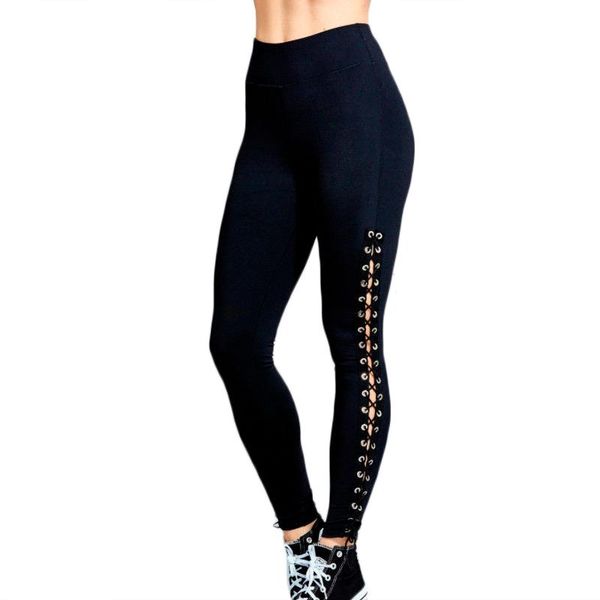 

women's leggings women ladies fashion high waist pencil long fitness casual bandage lace up skinny hollow out pants trousers, Black