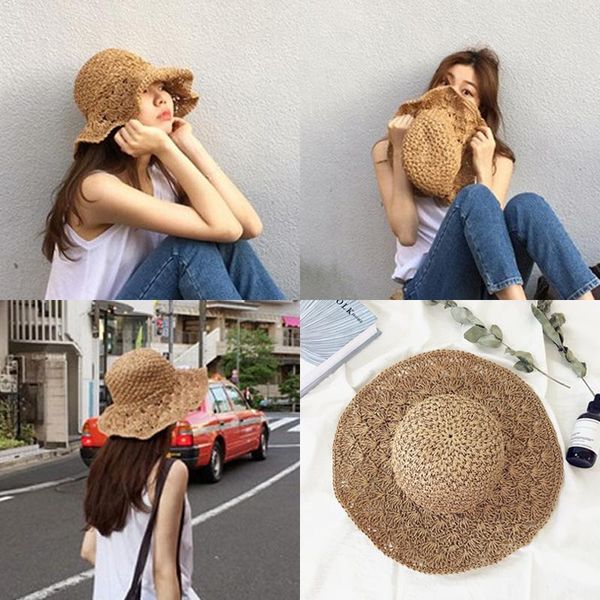 

Foldable Beach Big Straw Hat Female Summer Wild Fresh Holiday Sun Visor Wide Brim Hats, Blue;gray
