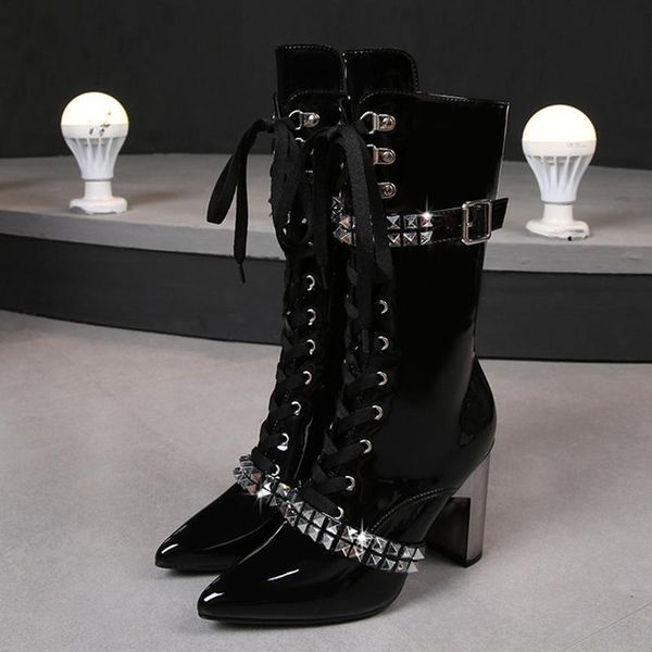

boots punk style nightclub dj dance plus size high heels belt buckle women's european and american, Black