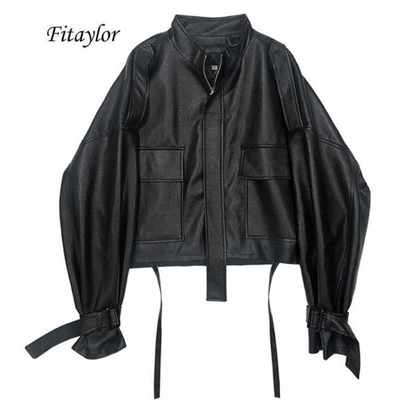 

fitaylor autumn women faux soft pu motorcycle leather jacket casual loose black punk zipper overcoat 210927
