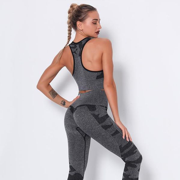 

tracksuits camouflage green pink seamless camo sports clothes outfit sportswear yoga leggings set fitness suit 9w2j, Gray