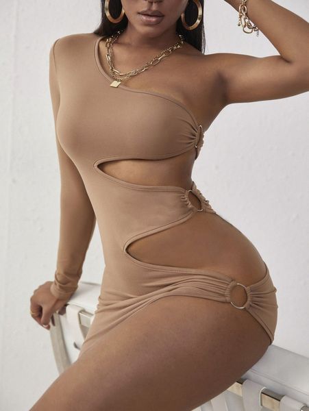 

sxy cut out o-ring side one shoulder bodycon dress r9dp#, Black;gray