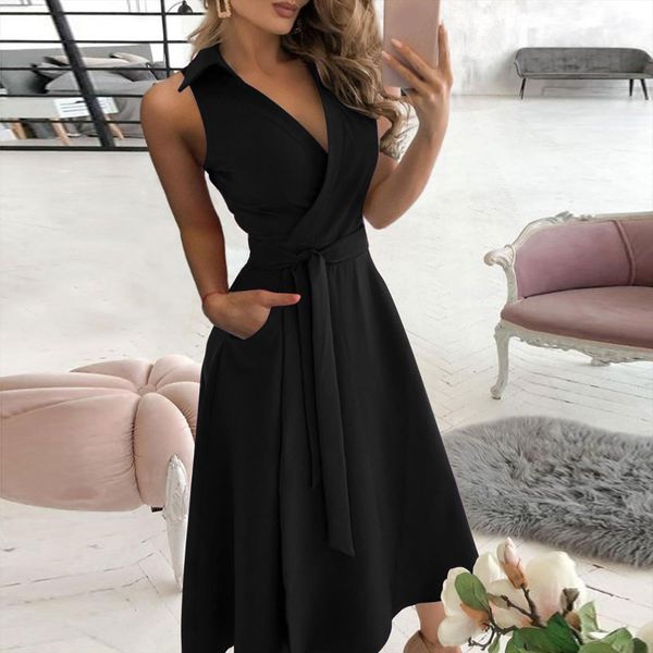 

elegant lapel v neck sleeveless womens dresses summer black green purple casual for vestidos mujer robe, Black;gray