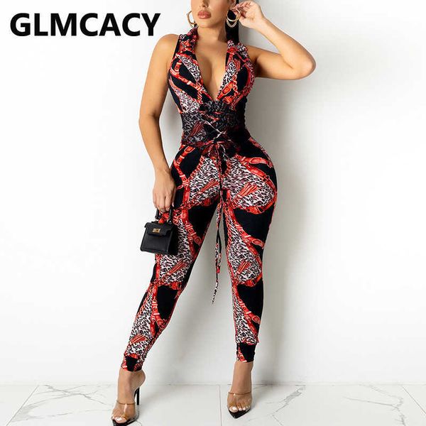 

sleeveless v neck lace up jumpsuit skinny summer overalls 210702, Black;white