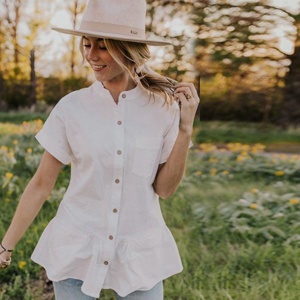 

blouses summer fashion sweetis solid short sleeve button loose casual women blouse shirt plus size ruffed basic blusas 6.17 women's &, White