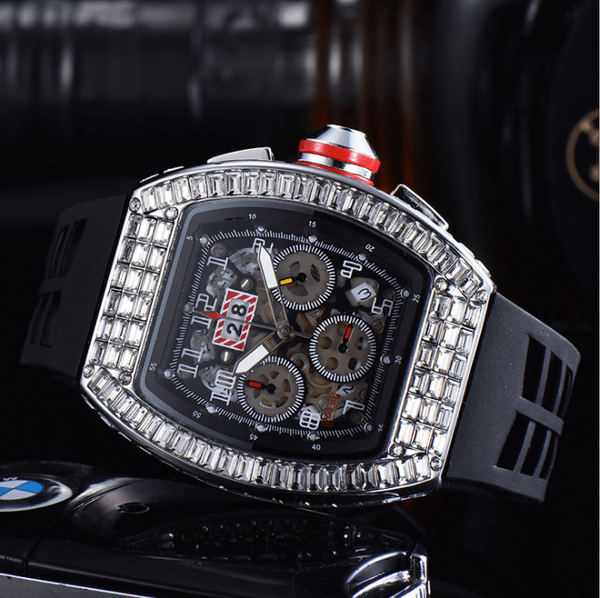 

wristwatches high quanlity big diamond watch six-pointer work men's fashion quartz watches rubber strap male relogio masculino, Slivery;brown