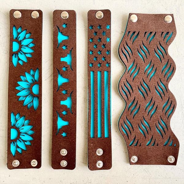 

charm bracelets punk style ethnic hollow turquoise american flag sunflower pattern engraved double layer genuine leather women buckle, Golden;silver