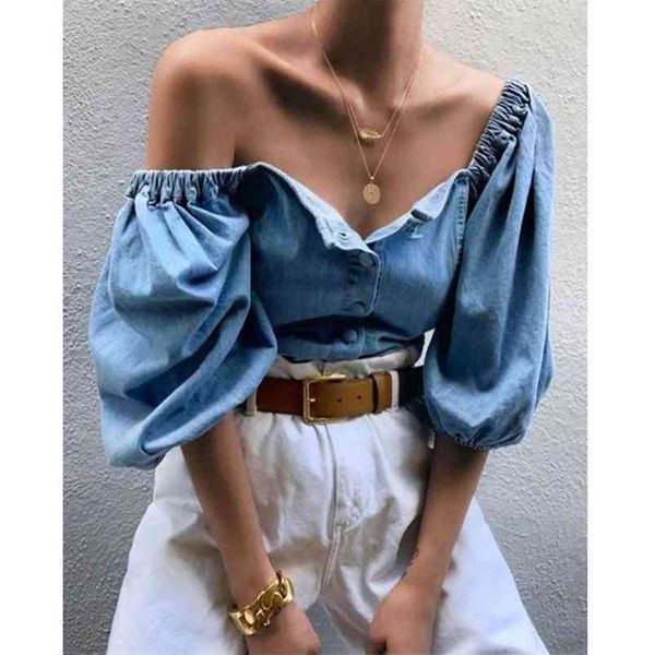 

kayotuas women blouse summer lady button denim vintage square collar chic elastic puff short sleeve female shirts 210522, White