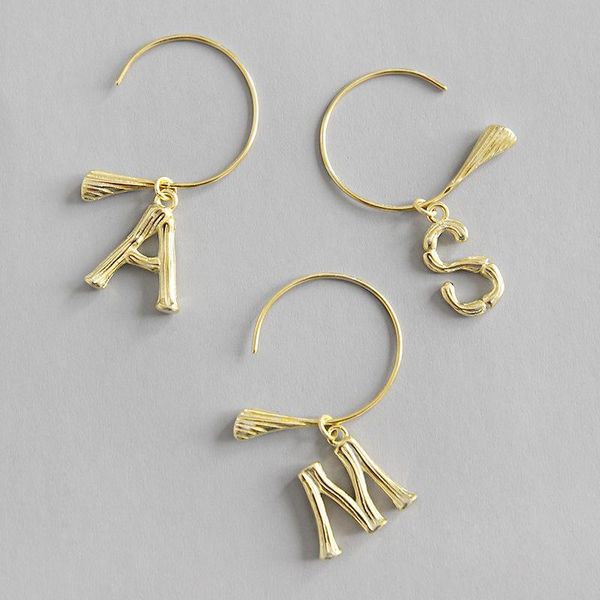 

real 925 sterling silver gold english letters ams initial earrings women ins retro personality fine jewelry korean brincos hoop & huggie, Golden;silver