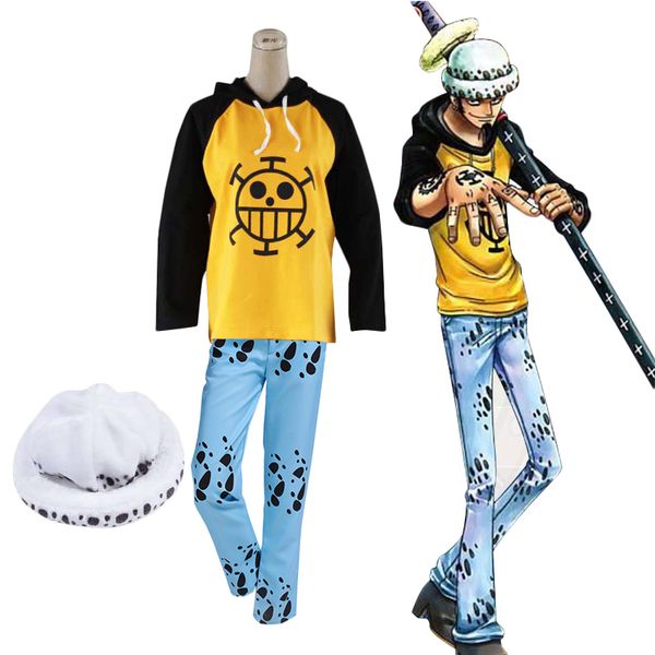 Anime Tek Parça Trafalgar Hukuk Hoodie Uzun Kollu T-Shirt Kazak Kapüşonlu Tops Tee Ceket Cosplay Kostüm Şapka Pantolon