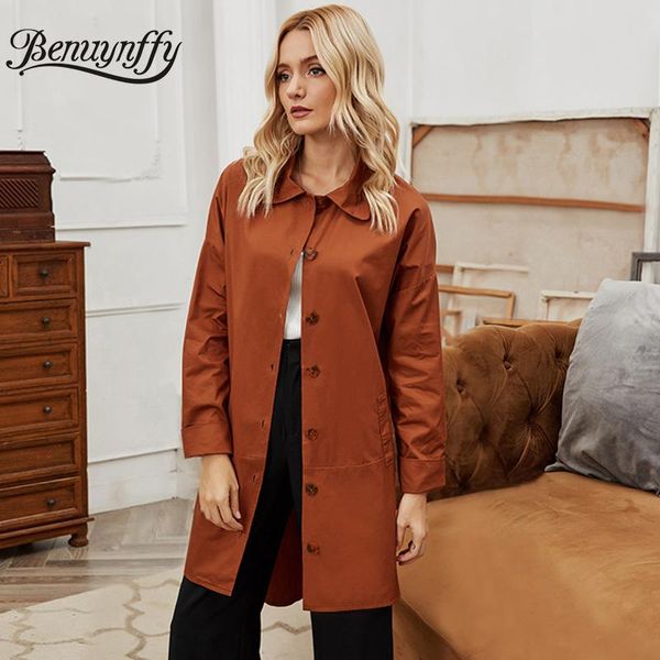 

women's trench coats benuynffy turn-down collar drop shoulder button up coat women spring korean solid casual female high low long, Tan;black