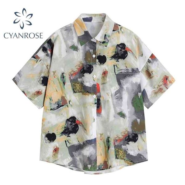 

womens harajuku japanese style blouses or short sleeve cardigan high street fashion painted shirts baggy blusas mujer 210515, White