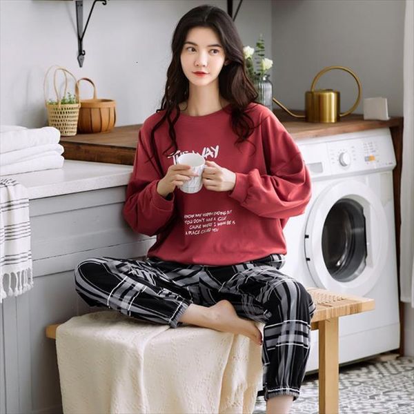 

kawaii red letter print womens sleepwears pajamas autumn pure cotton simple black plaid long pants homewear sleepwear, Black;red