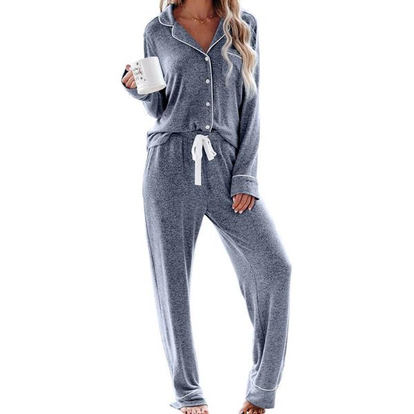 

women's sleepwear sleeping button down loose drawstring closure soft v neck loungewear trousers women pajama set two piece home long s, Black;red