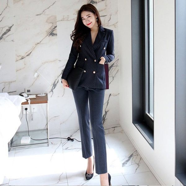 

women clothes plaid ol professional office suit slim full sleeve brief autumn blazer coat long pant two pieces work set 210525, White