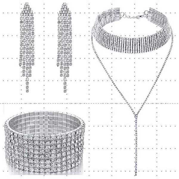 

version popular neckband element necklace diamond necklace earrings bracelet three piece set, Silver