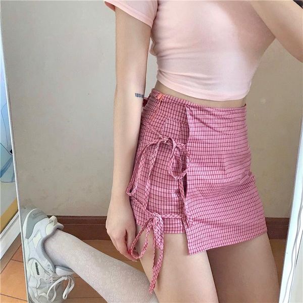 

sweet soft girly kawaii pink plaid mini skirt women student school 2021 summer hight waist lace up vintage lady skirts, Black
