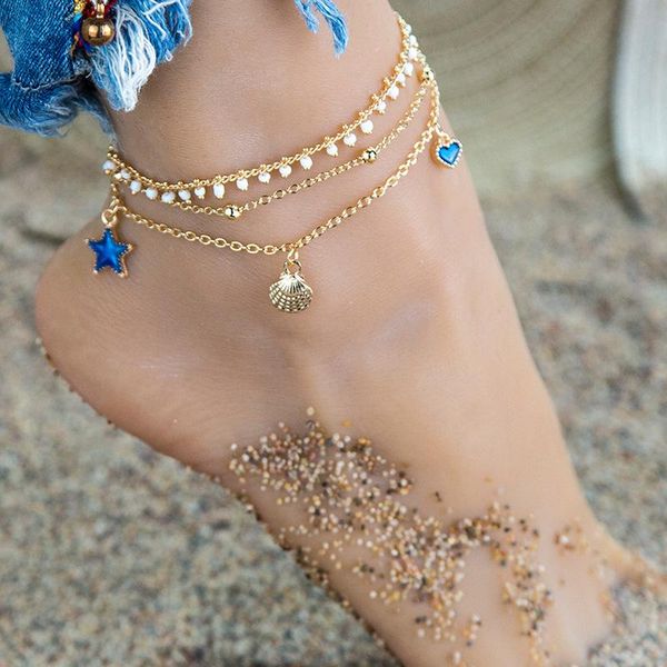 

anklets arrival summer sea conch ankle bracelet girls heart stars pendant alloy shell bohemian beads foot chain jewelry for womens, Red;blue
