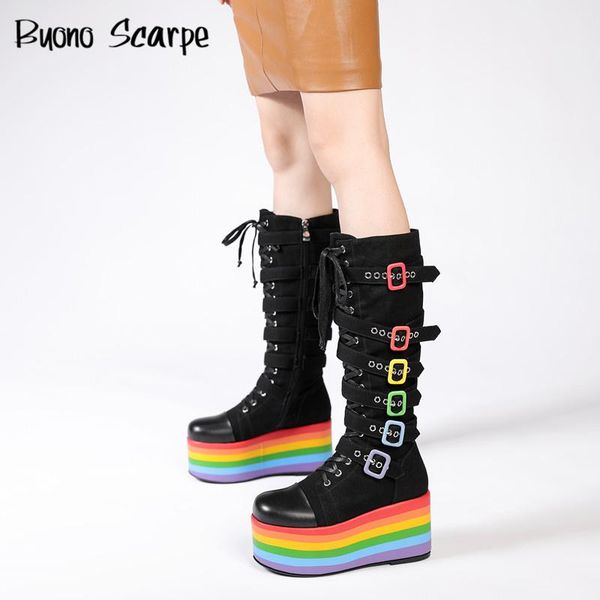 

boots rainbow flat platform shoes for women thick bottom leather knee high colorful buckle zipper botas heels, Black
