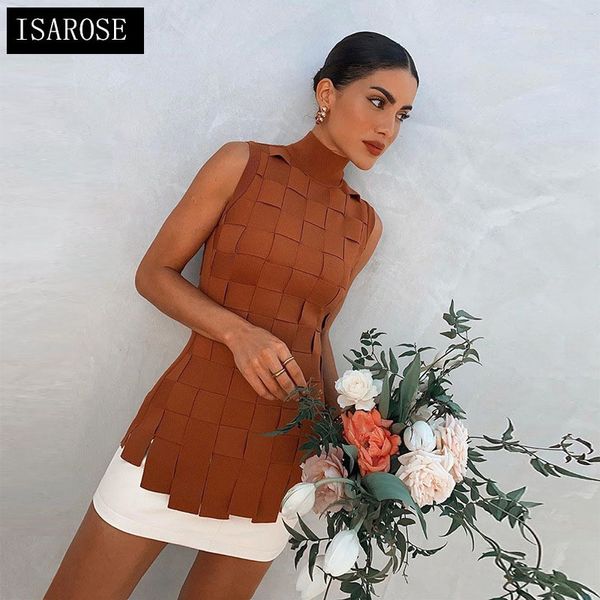 Isarose Bandage Платья наборы 2 штуки Criss Cross Turtleneck Turtleneck Весна Осень Танк Верхняя Мода Офис Леди Платье 210422