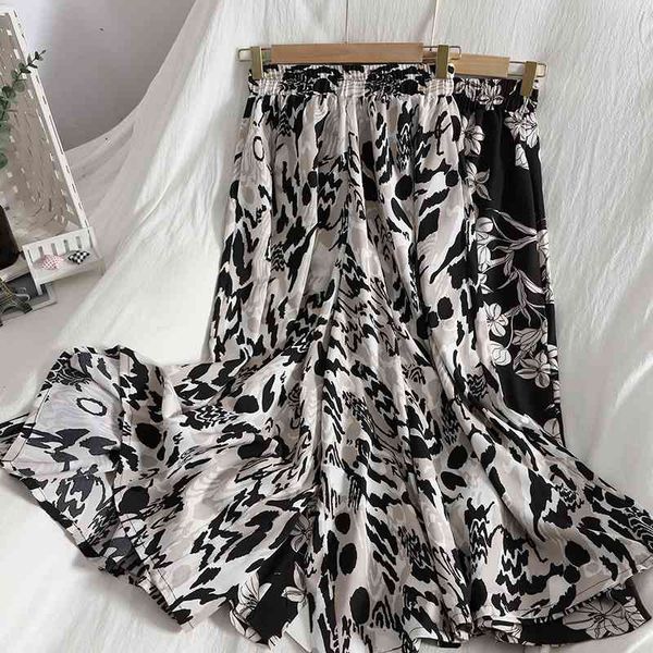 

women's pants & capris loose wide-leg pants womens summer style elastic waist printed cropped trousers comfortable korean casual l, Black;white