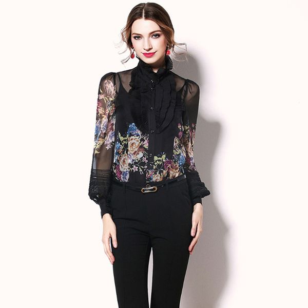 

women's blouses fashionable autumn printed slim style lantern sleeve stylish half tasparent 2142, White