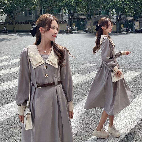 

maternity dresses 9575 3xl 4x autumn spring korean fashion long dress chic ins elegant a line clothes for pregnant women ties waist slim, White