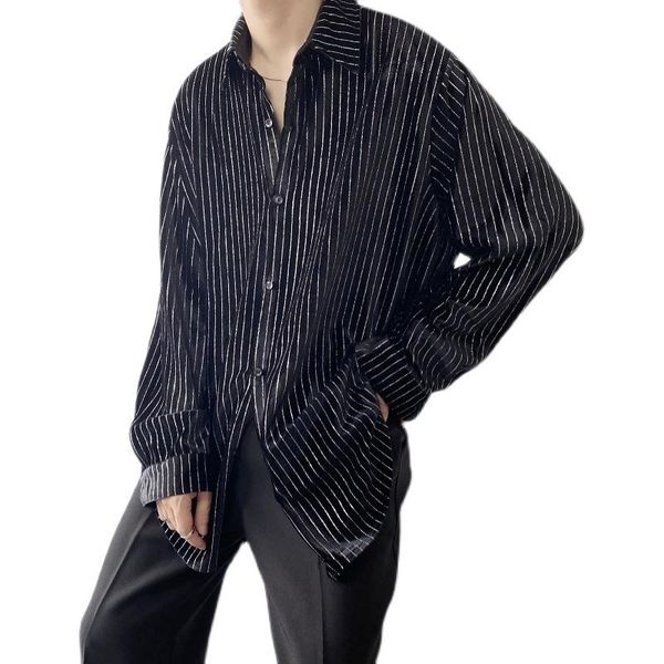 

men's casual shirts man harajuku streetwear shirt velvet rhinestone stripe men vintage fashion long sleeve loose cardig, White;black