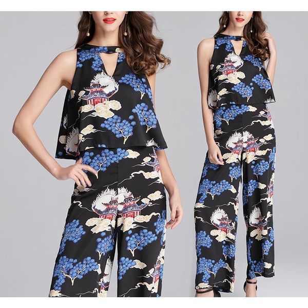 

women's jumpsuits & rompers women jumpsuit summer style chinese paintings printing sleeveless back hollow out long pants sl006, Black;white
