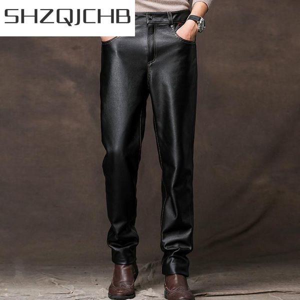 

men's pants shzq genuine leather men 100% cowhide man casual mens trousers autumn winter fashion 2021 pantalon cuir homme 4531, Black