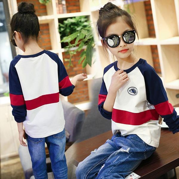 

4...12 14 years teen girls casual long sleeve t shirt white blue patchwork sport stripe sweater childrens clothing