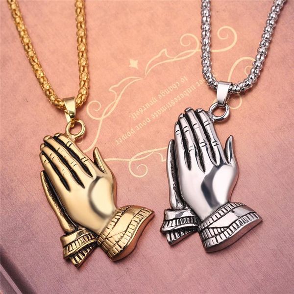 

pendant necklaces the praying hands brother gift jewelery 60cm long chain kolye hip hop necklace men jewelry, Silver