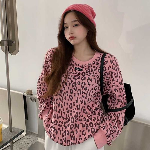 

autumn and winter korean fashion leopard print sweatshirt women loose thin round neck letter long sleeve hoodie women's hoodies & sweat, Black