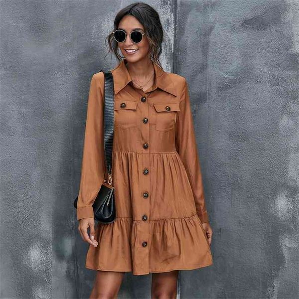 

spring women dress fashion lapel double pockets button up shirt casual long sleeve high waist ruffles loose es ladies 210522, Black;gray